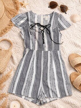 Jealous Tomato Striped Romper Tie Front Bust M Boho Festival Summer